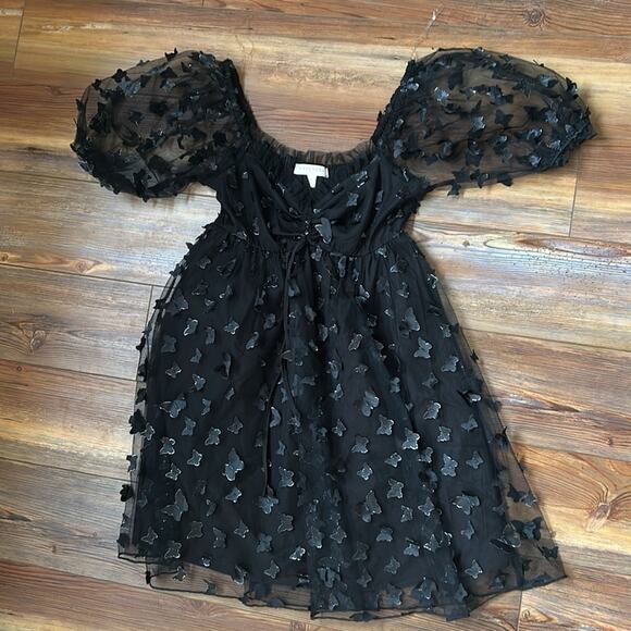 Thirty Thirty LA 3D Butterfly Babydoll Dress, Black S Mini Dress - Picture 4 of 9